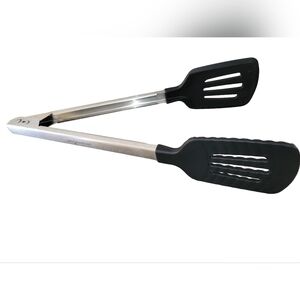 Pampered Chef Spatula Tongs 14" Stainless Steel  Silicone Grip & Flip Tool EUC